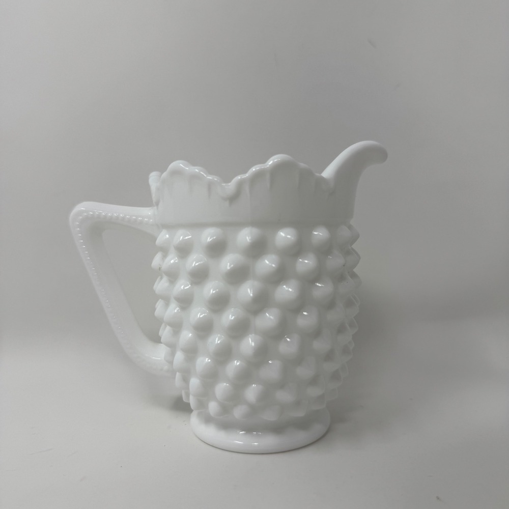 Vintage Fenton Hobnail Milk Glass Creamer White Scalloped Rim 4"